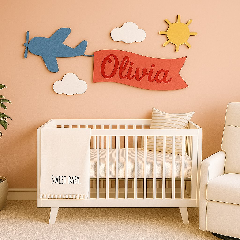 Airplane Wall Sign for Kids Room – Personalized Name Banner with Clouds & Sun