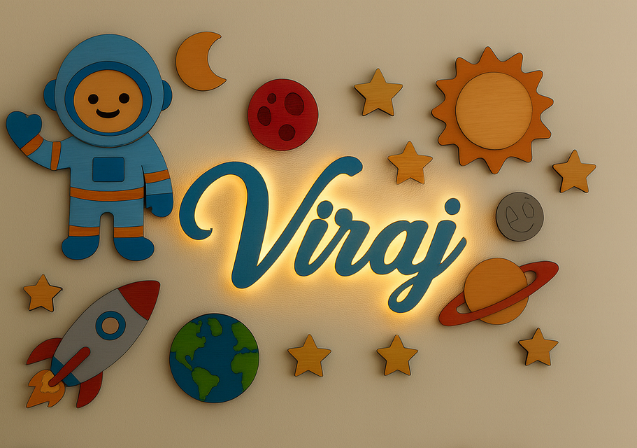 Space Kids Room Wall Sign – Astronaut, Rocket, Planets and Stars Personalized Décor