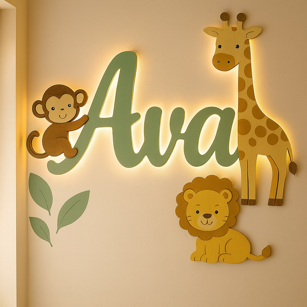 Safari Kids Room Wall Sign – Monkey, Lion, Giraffe & Jungle Leaves Personalized Décor