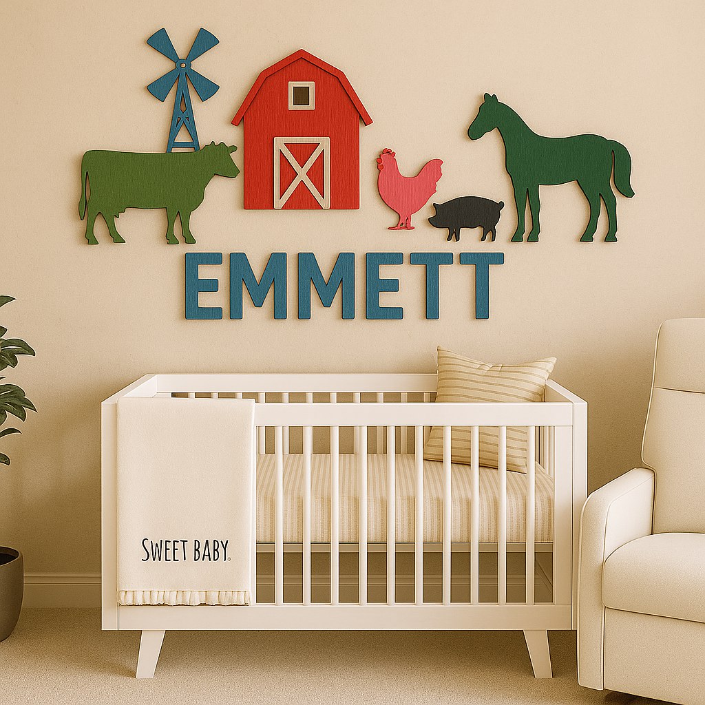 Farm Kids Room Wall Sign – Cow, Horse, Barn, Pig & Chicken Personalized Décor
