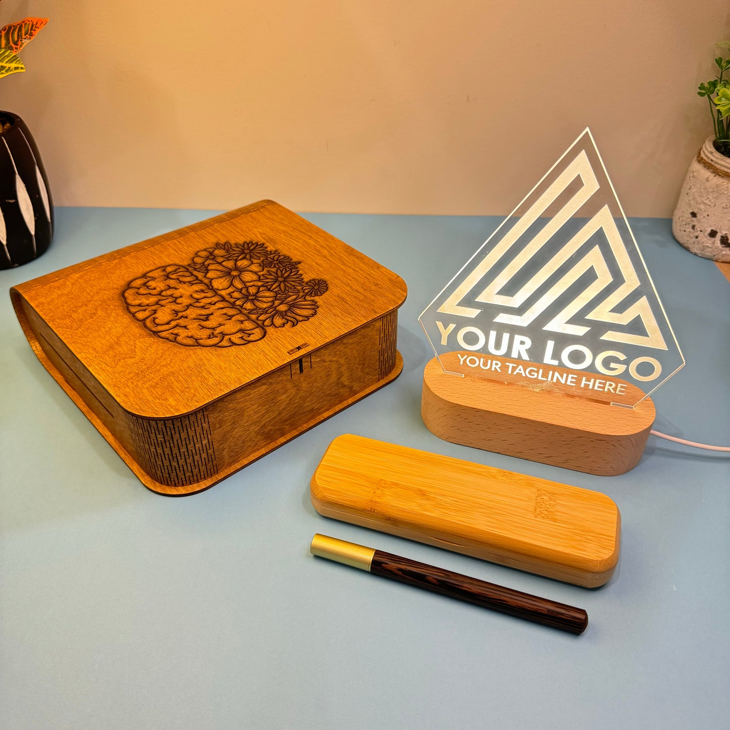 Personalized Elegance: Premium Wooden Gift Set with LED Logo Display