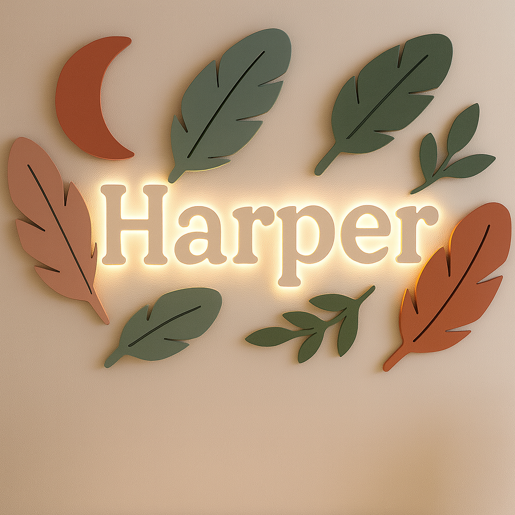 Leaves, Feathers & Moon Wooden Kids Room Déco - Custom Name Wall Sign