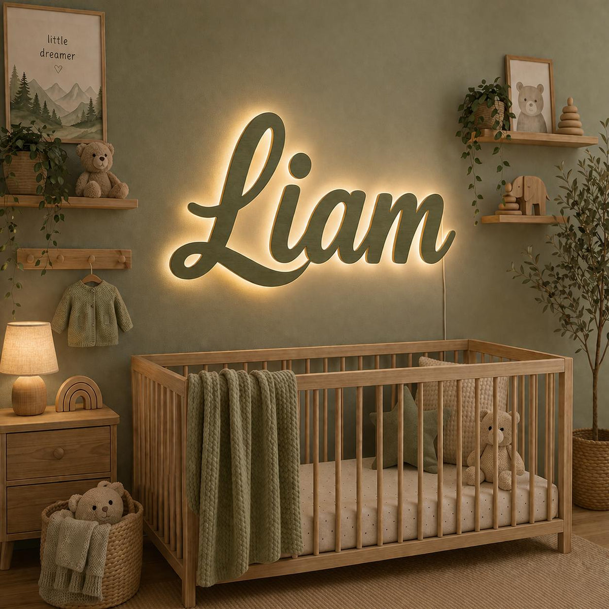 Backlit plywood name sign Liam in nursery