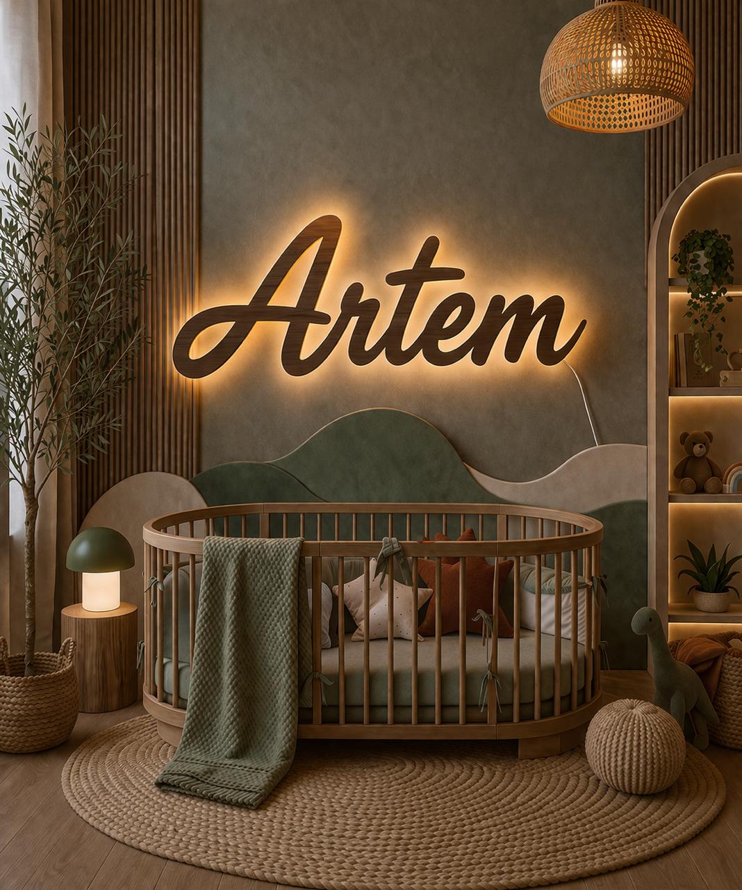 Backlit wooden name sign Artem