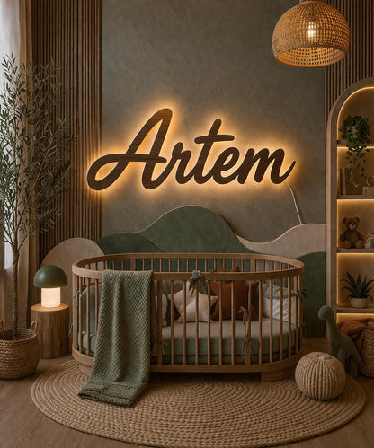 Backlit wooden name sign Artem