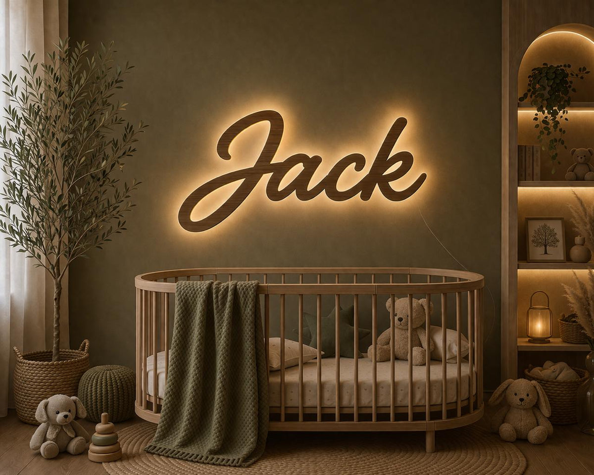 Backlit wooden name sign Jack