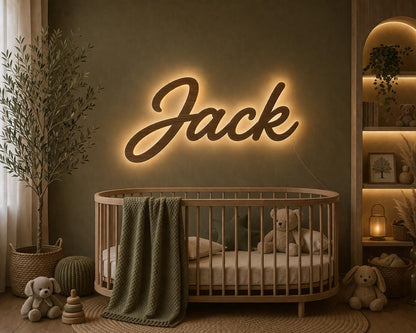 Backlit wooden name sign Jack