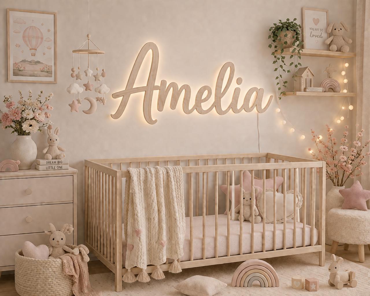 Backlit wooden name sign Amelia