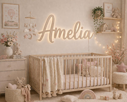 Backlit wooden name sign Amelia