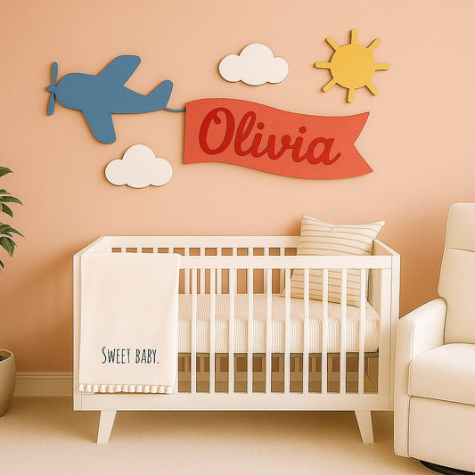 Airplane Wall Sign for Kids Room – Personalized Name Banner with Clouds & Sun