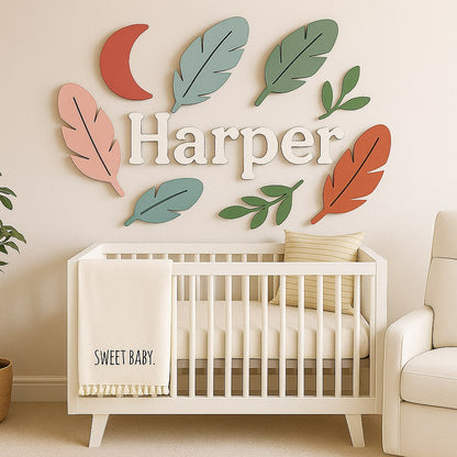 Leaves, Feathers & Moon Wooden Kids Room Déco - Custom Name Wall Sign