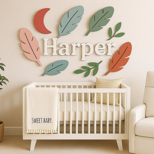 Leaves, Feathers & Moon Wooden Kids Room Déco - Custom Name Wall Sign
