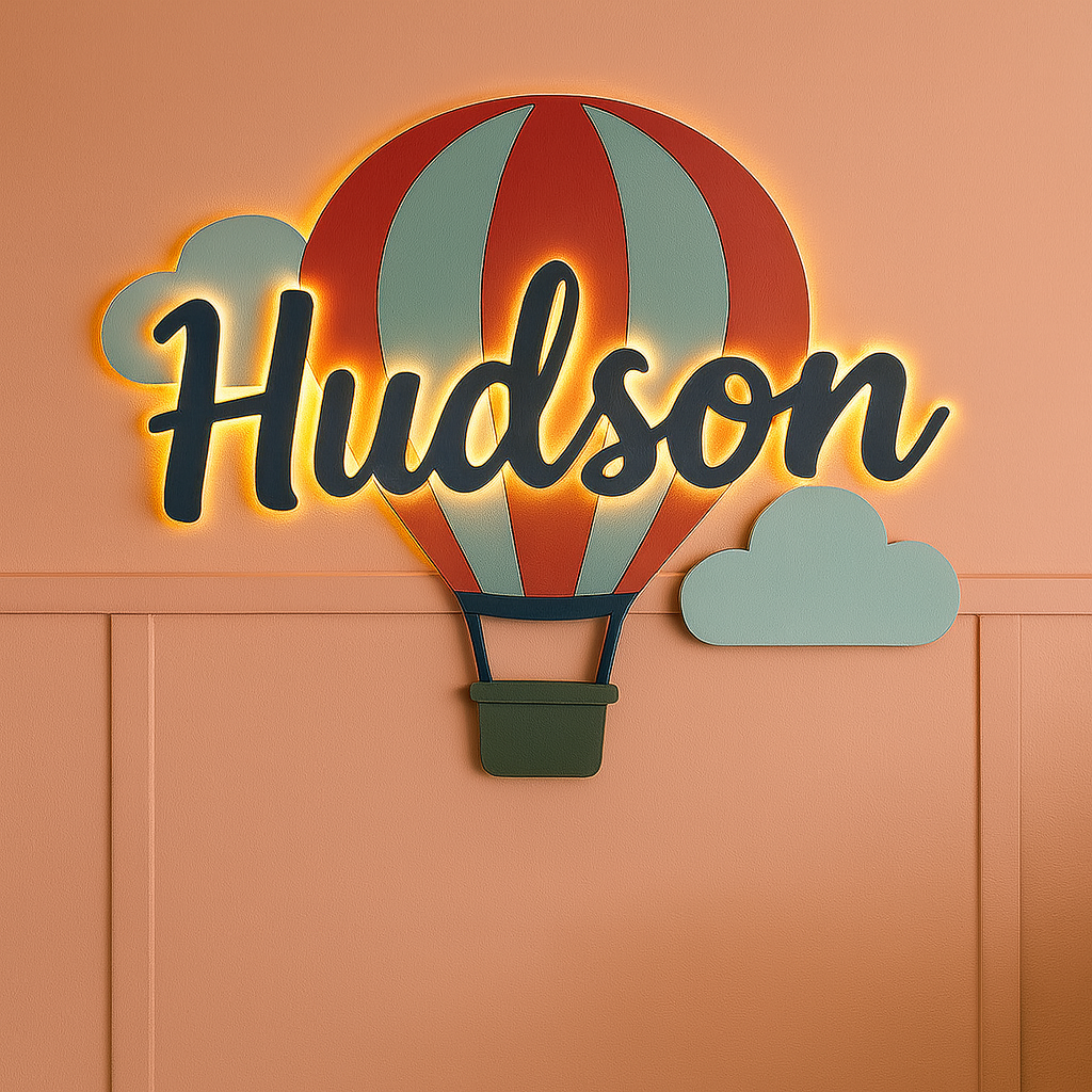 Hot Air Balloon #2 Wall Decor with Custom Name & Clouds – Kids Room Sign