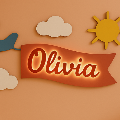 Airplane Wall Sign for Kids Room – Personalized Name Banner with Clouds & Sun