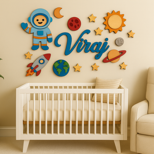 Space Kids Room Wall Sign – Astronaut, Rocket, Planets and Stars Personalized Décor