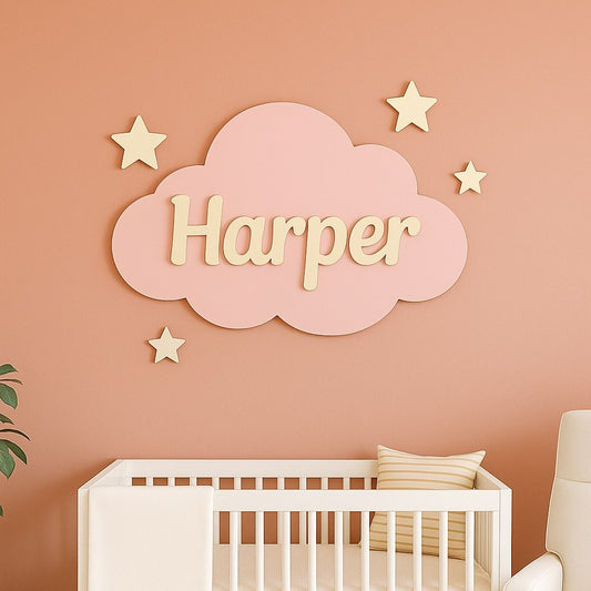 Cloud with Stars Wooden Wall Sign – Personalized Name Kids Room Décor