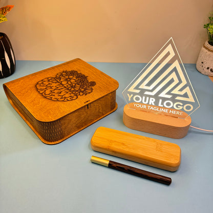 Personalized Elegance: Premium Wooden Gift Set with LED Logo Display
