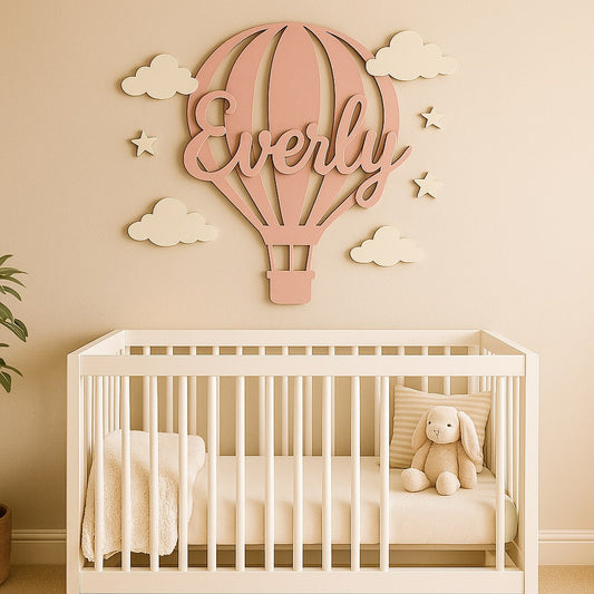 Hot Air Balloon Wall Decor with Custom Name & Clouds – Kids Room Sign