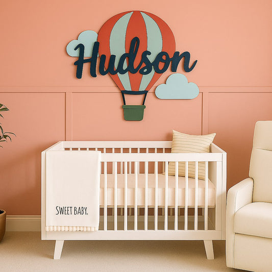 Hot Air Balloon #2 Wall Decor with Custom Name & Clouds – Kids Room Sign