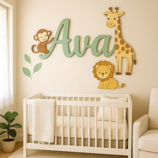 Safari Kids Room Wall Sign – Monkey, Lion, Giraffe & Jungle Leaves Personalized Décor
