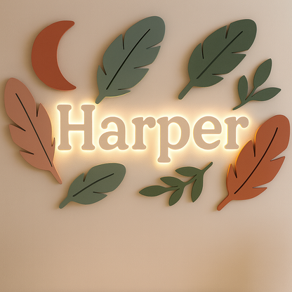 Leaves, Feathers & Moon Wooden Kids Room Déco - Custom Name Wall Sign