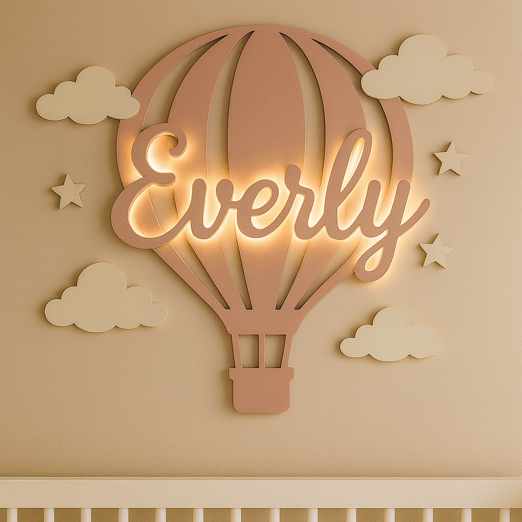 Hot Air Balloon Wall Decor with Custom Name & Clouds – Kids Room Sign