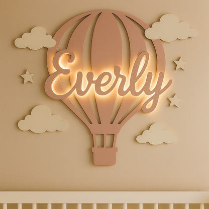 Hot Air Balloon Wall Decor with Custom Name & Clouds – Kids Room Sign