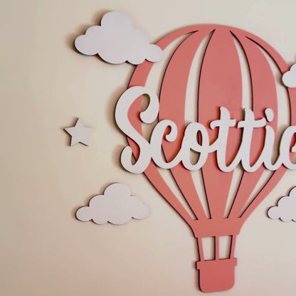 Hot Air Balloon Wall Decor with Custom Name & Clouds – Kids Room Sign